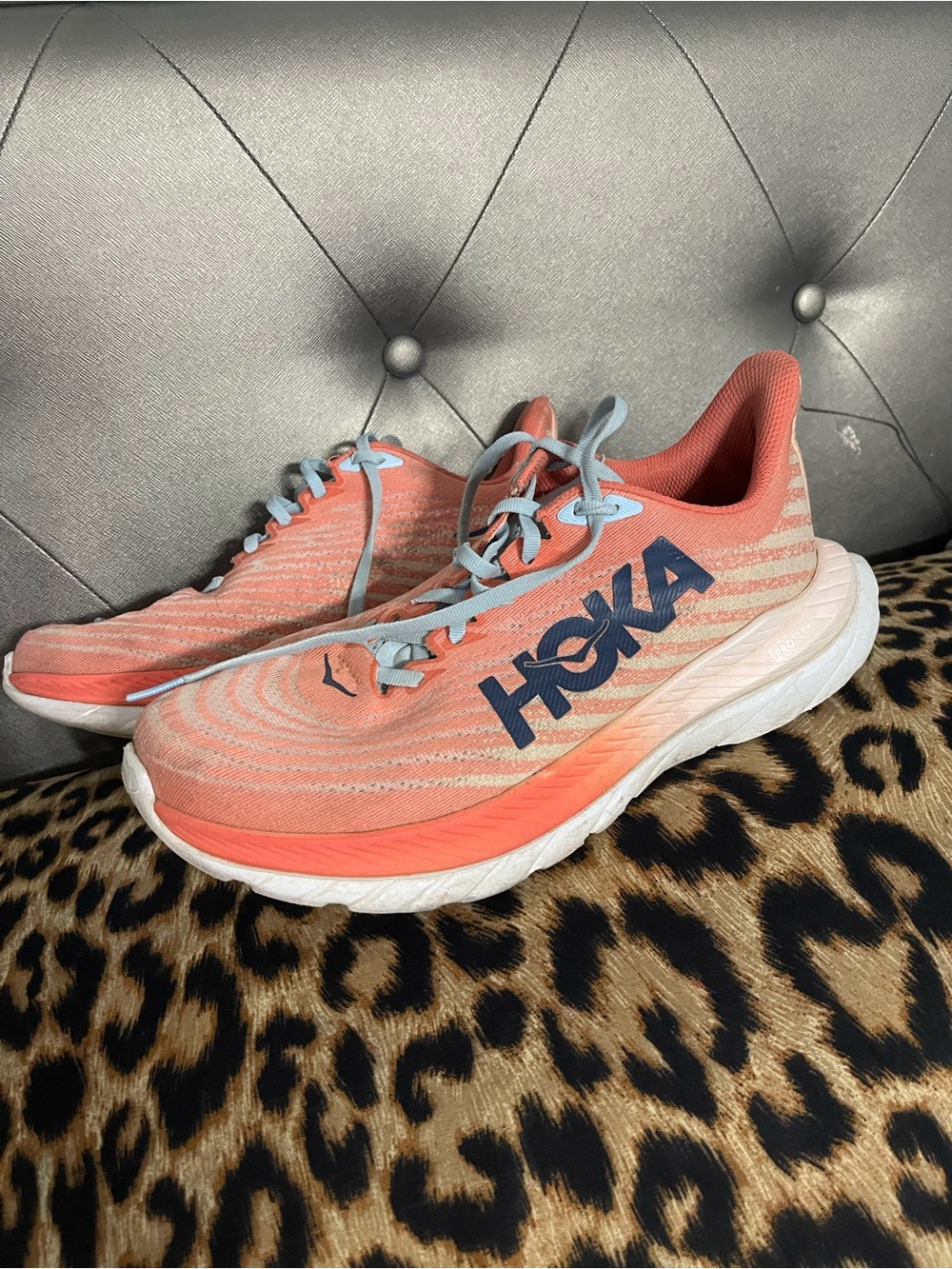 Hoka Coral and Light Gray Women's Running Shoes